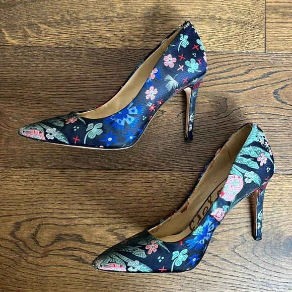 Sam Edelman Blue Floral Jacquard Heel Pumps | Size 6 Dress Shoes - Picture 2 of 8